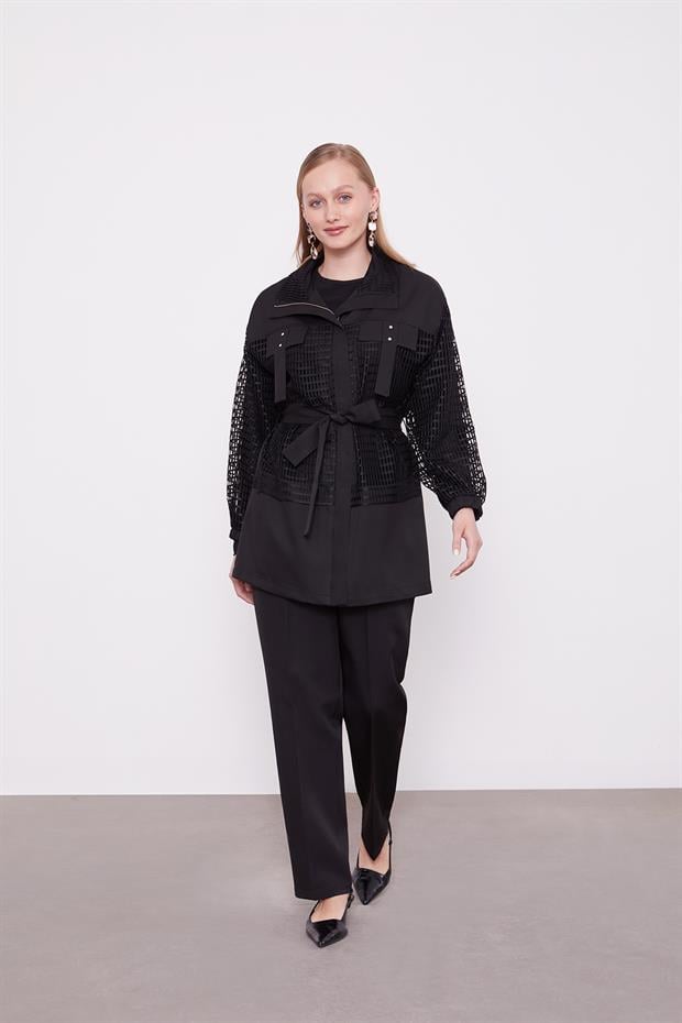 Siyah File Detaylı Belden Bağlamalı İkili Takım