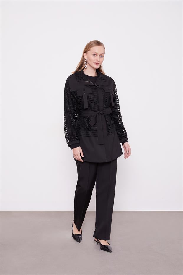 Siyah File Detaylı Belden Bağlamalı İkili Takım