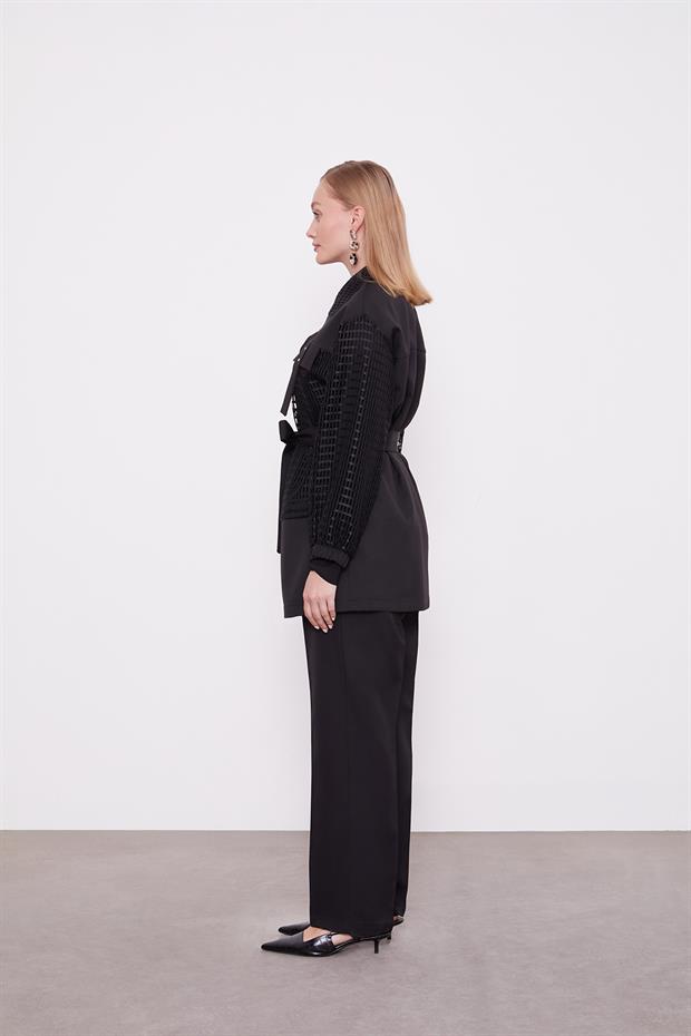 Siyah File Detaylı Belden Bağlamalı İkili Takım