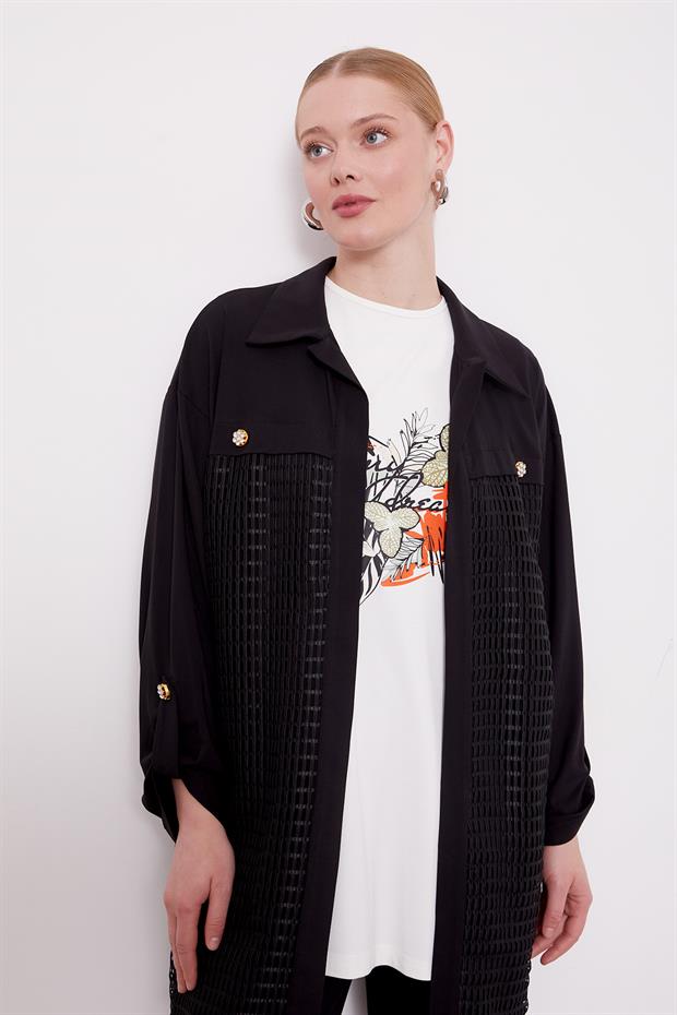 Siyah File Detay Üçlü Ceket Takım