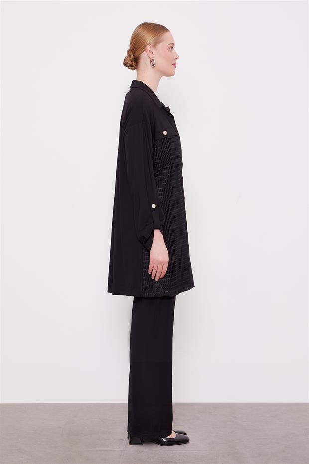 Siyah File Detay Üçlü Ceket Takım