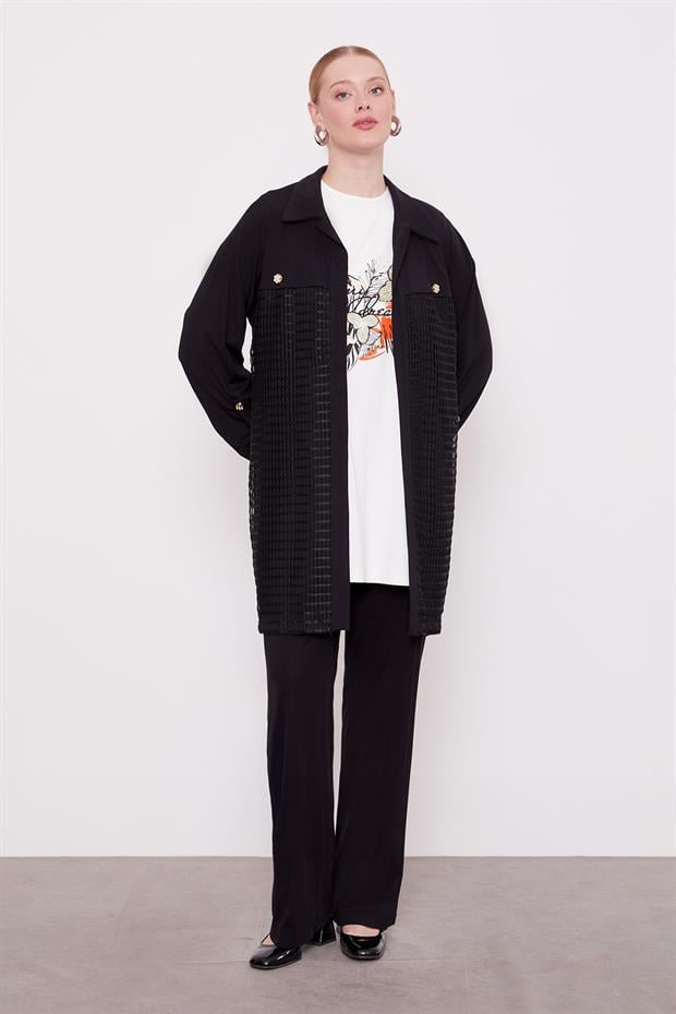 Siyah File Detay Üçlü Ceket Takım