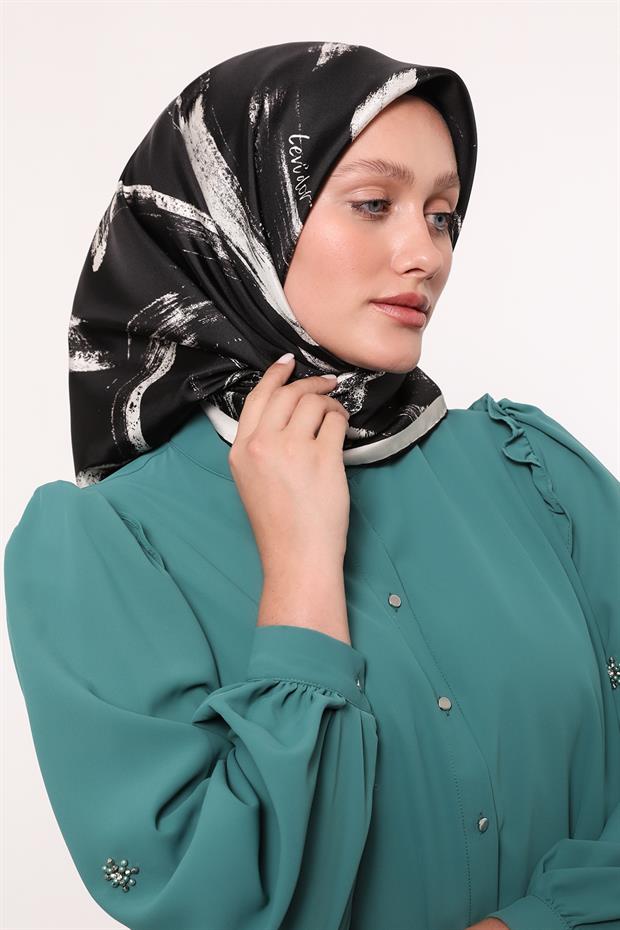 Siyah Fırça İzi Desen Twill İpek Eşarp