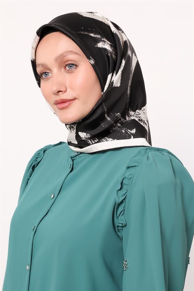 Siyah Fırça İzi Desen Twill İpek Eşarp