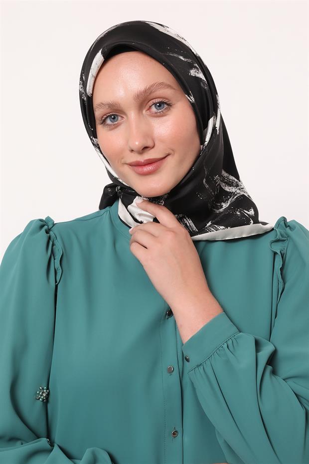 Siyah Fırça İzi Desen Twill İpek Eşarp