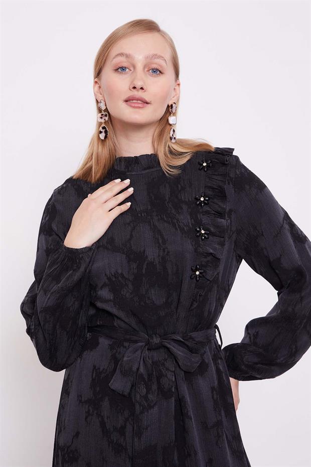 Siyah Fırfır Detaylı Cupra Elbise