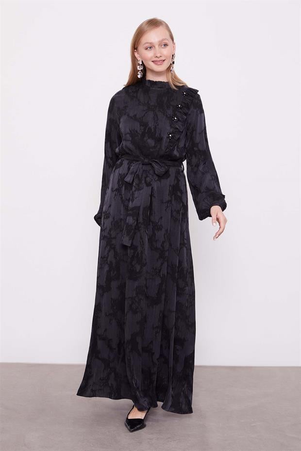 Siyah Fırfır Detaylı Cupra Elbise