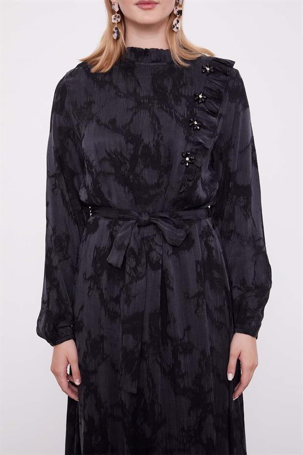 Siyah Fırfır Detaylı Cupra Elbise