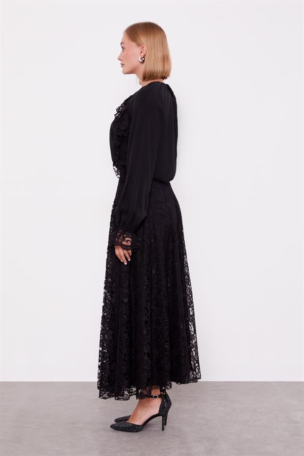 Siyah Omuz Fırfır Detaylı Cupra Etek Takım