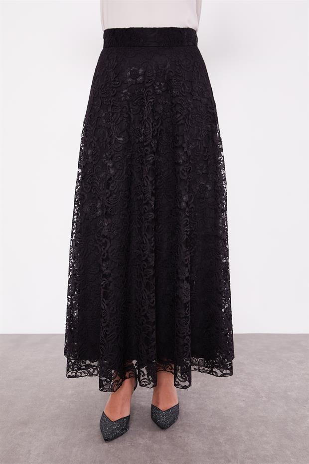 Siyah Omuz Fırfır Detaylı Cupra Etek Takım