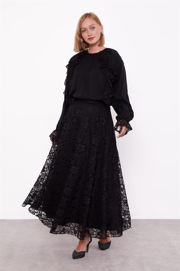 Siyah Omuz Fırfır Detaylı Cupra Etek Takım