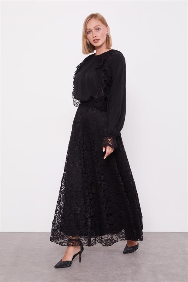 Siyah Omuz Fırfır Detaylı Cupra Etek Takım