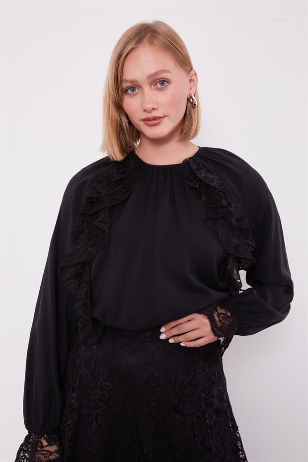 Siyah Omuz Fırfır Detaylı Cupra Etek Takım