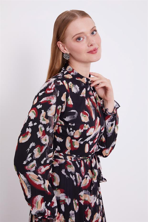 Siyah Fırfır Kol Detaylı Elbise