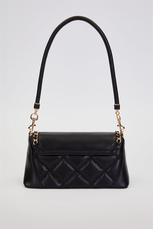 Siyah Geniş Taban Kapitone Omuz Çantası