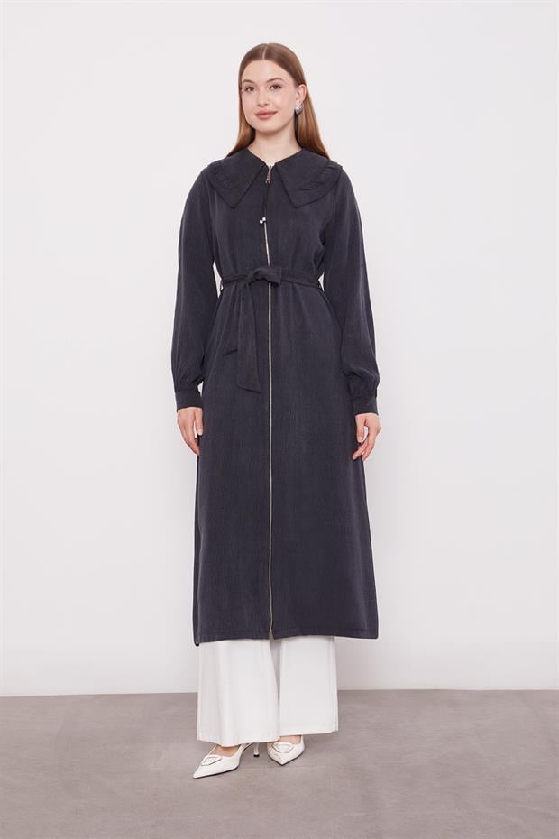 Siyah Geniş Yakalı Fermuarlı Cupra Kap