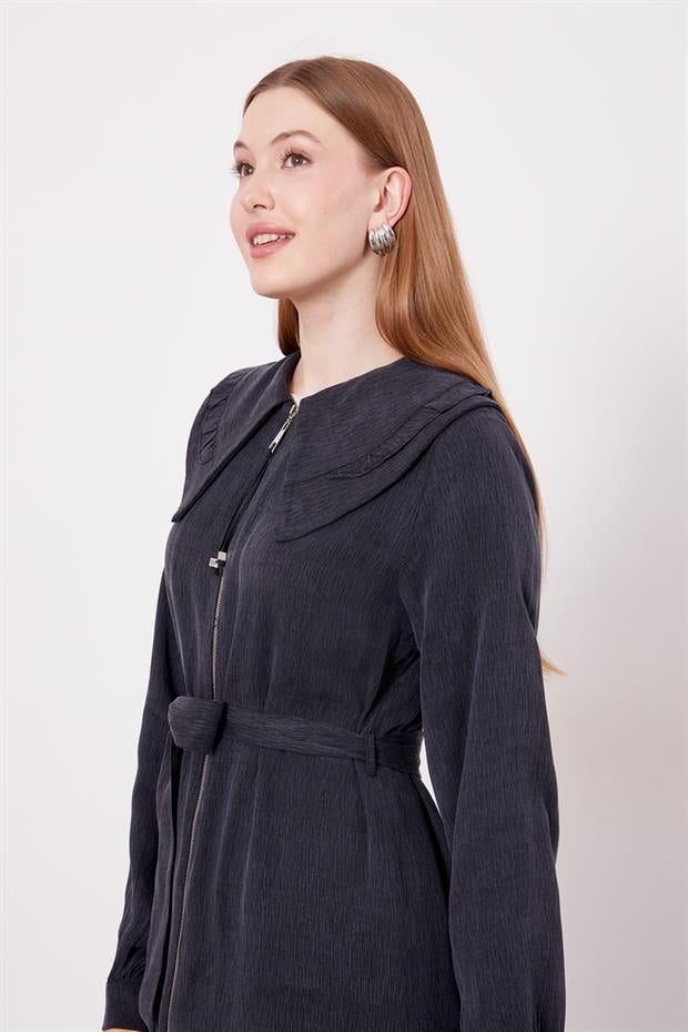 Siyah Geniş Yakalı Fermuarlı Cupra Kap