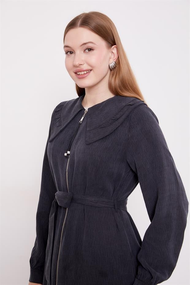 Siyah Geniş Yakalı Fermuarlı Cupra Kap