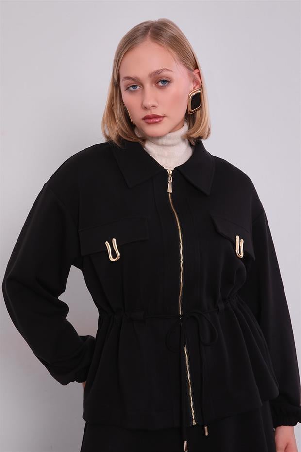 Siyah Gold Fermuar Detaylı Etek Takım