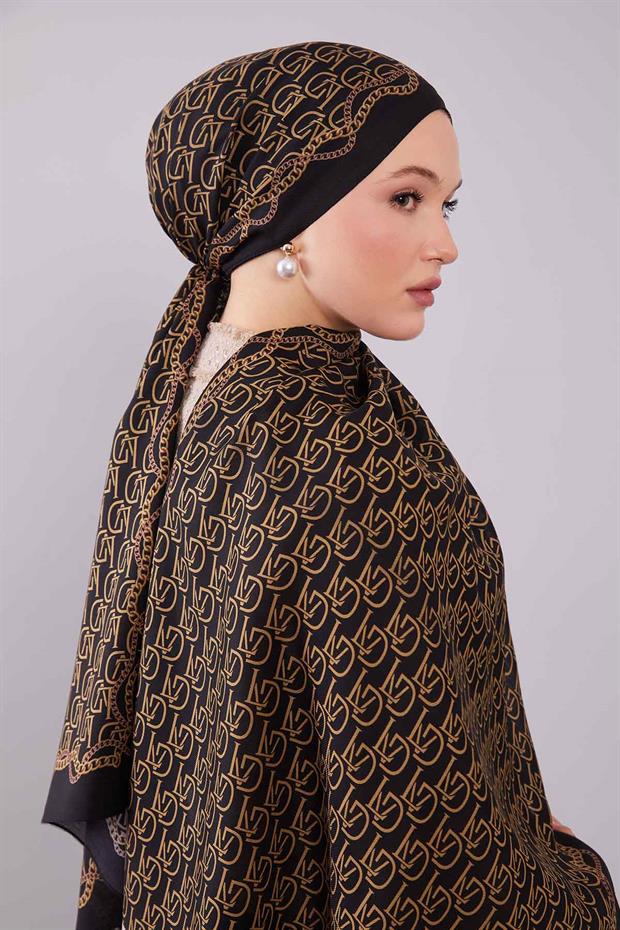 Siyah - Gold LVD Baskılı Yün İpek Şal