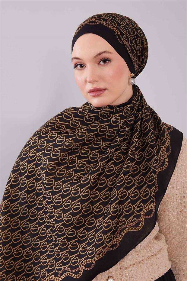 Siyah - Gold LVD Baskılı Yün İpek Şal