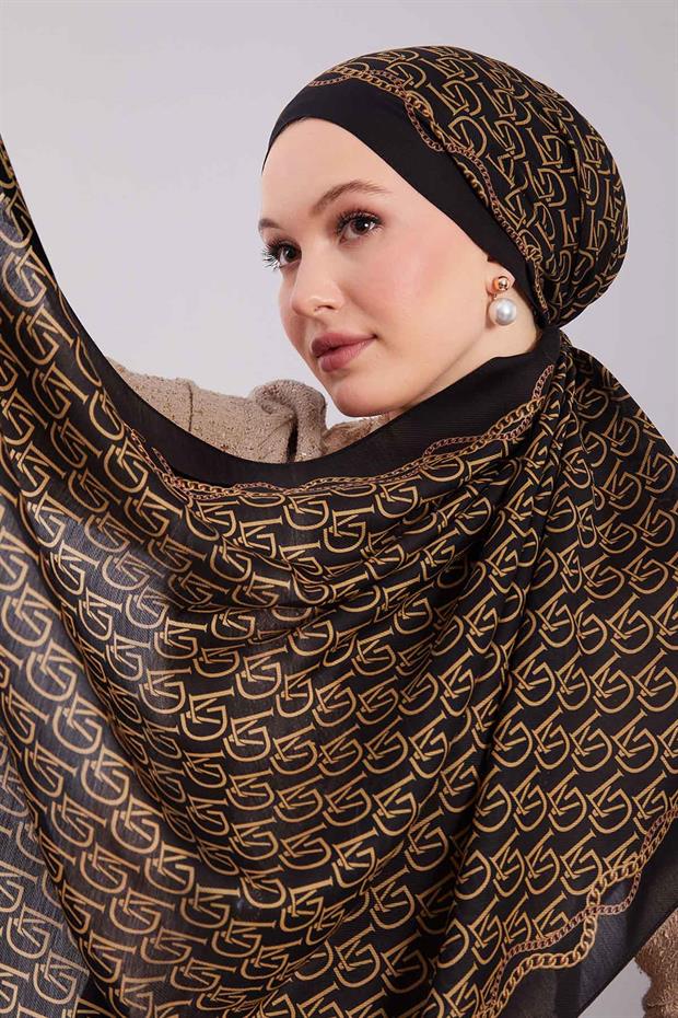 Siyah - Gold LVD Baskılı Yün İpek Şal