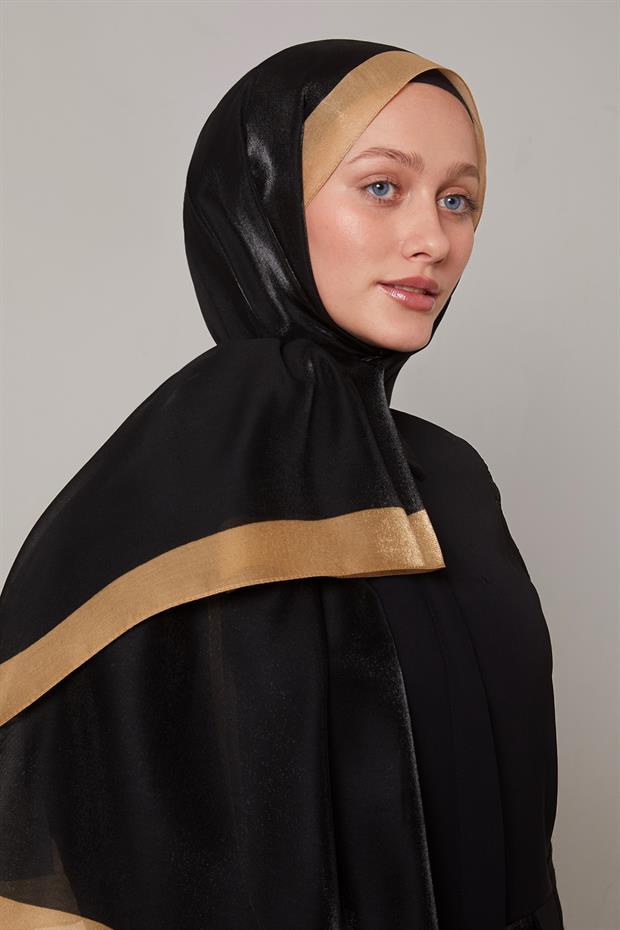 Siyah - Gold Şerit Desen Kehribar Şal
