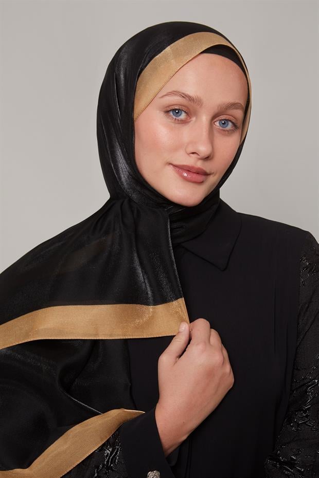 Siyah - Gold Şerit Desen Kehribar Şal