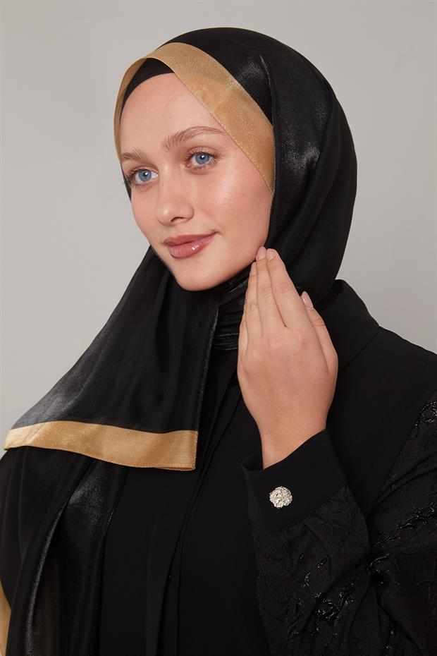 Siyah - Gold Şerit Desen Kehribar Şal