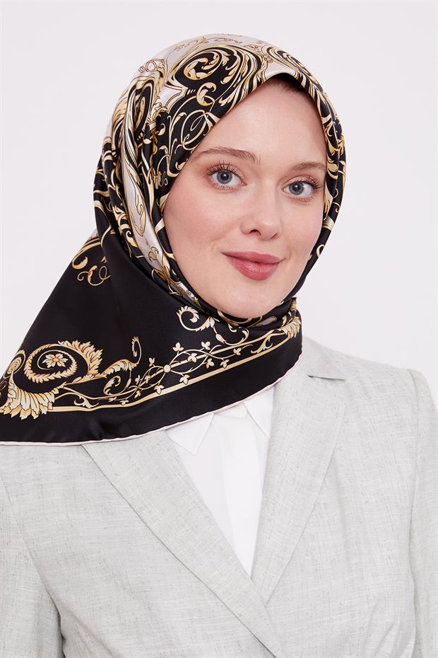 Siyah - Gold Varak Desenli Twill İpek Eşarp