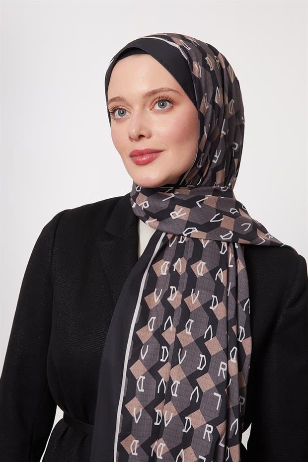 Siyah-Gri Petek Desen Love Şal