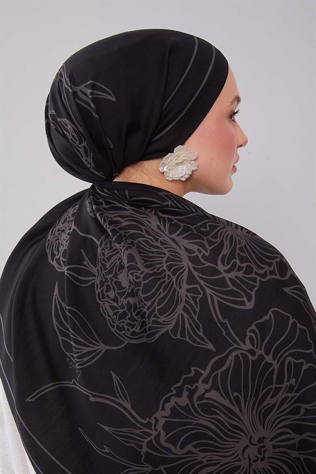 Siyah - Gri Sümbül Çiçek Desen Yün İpek Şal