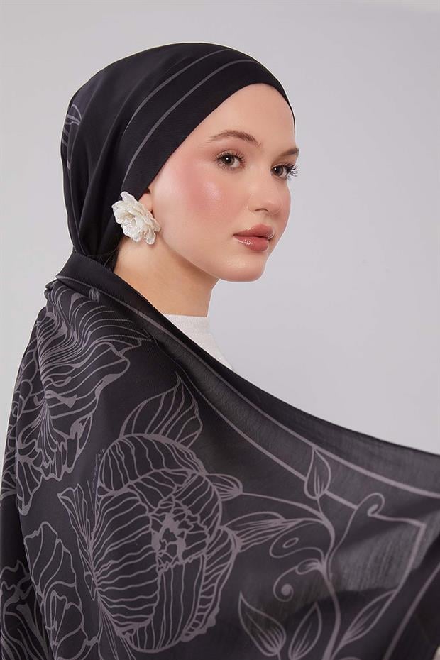 Siyah - Gri Sümbül Çiçek Desen Yün İpek Şal