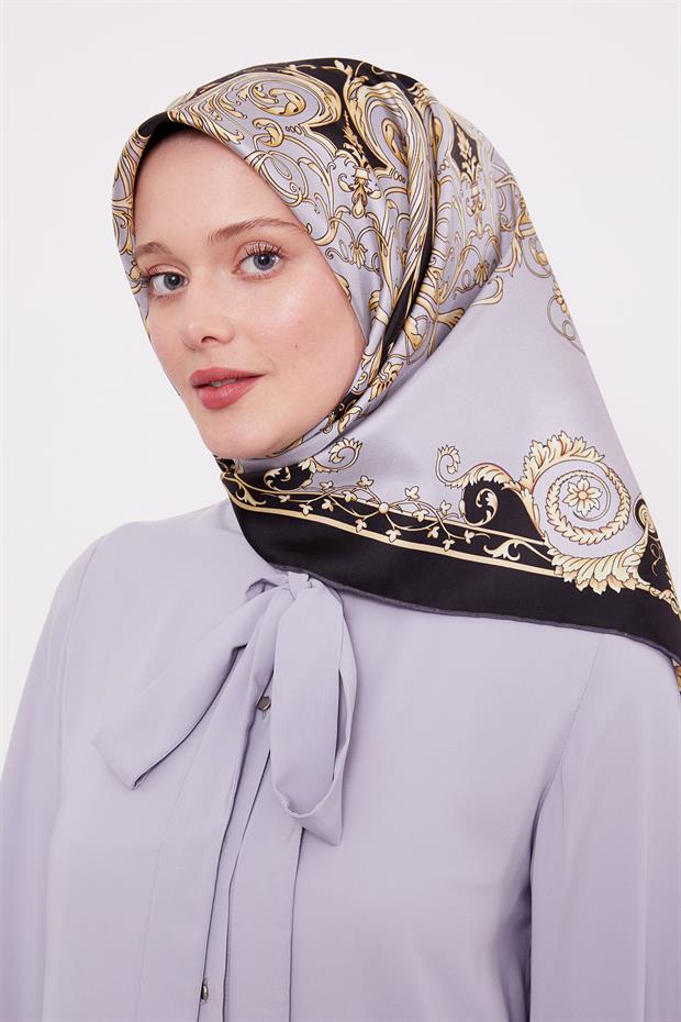 Siyah-Gri Varak Desenli Twill İpek Eşarp