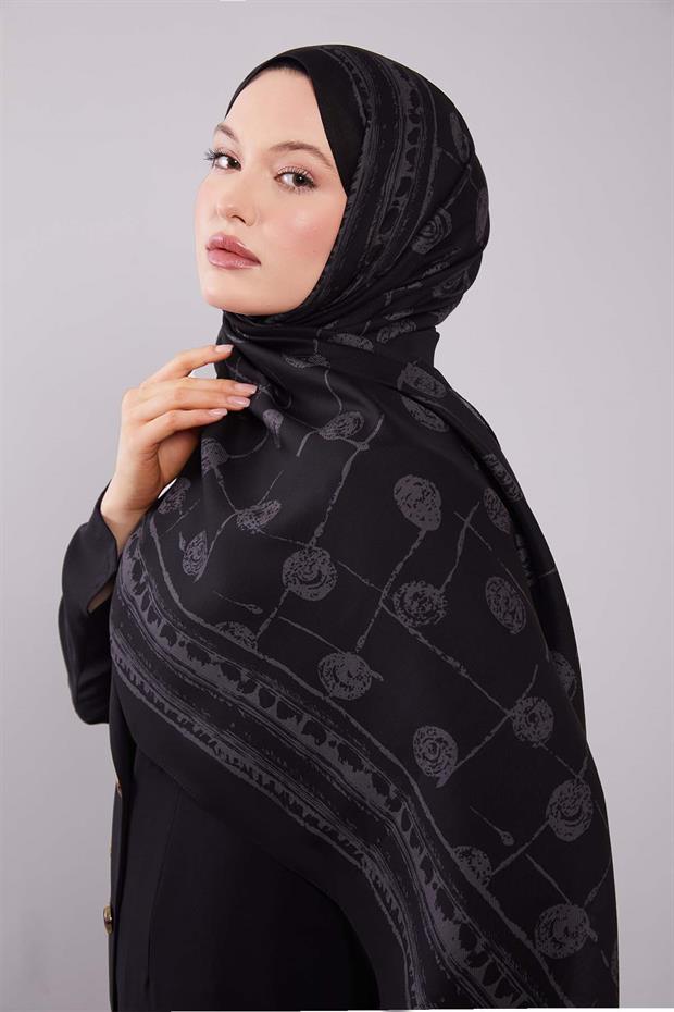 Siyah - Gri Yuvarlak Desenli Yün İpek Şal