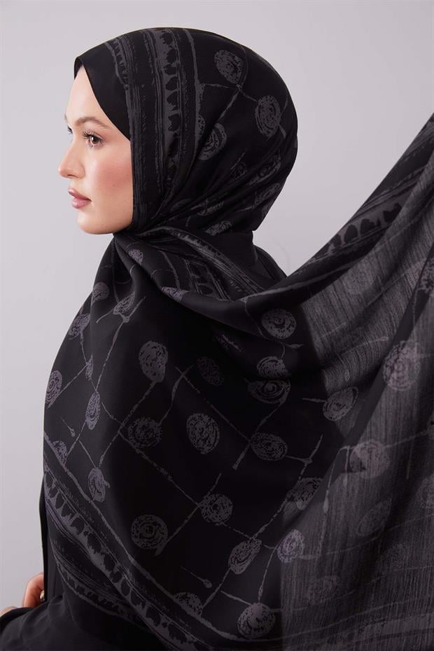 Siyah - Gri Yuvarlak Desenli Yün İpek Şal