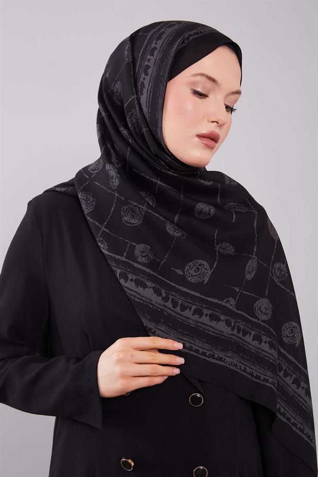 Siyah - Gri Yuvarlak Desenli Yün İpek Şal