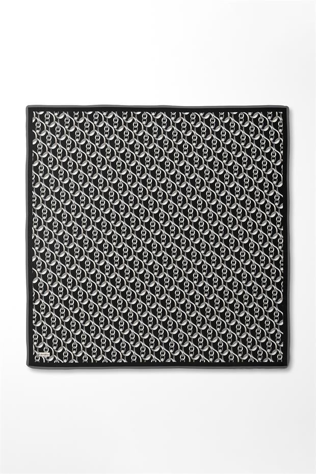 Siyah-Gri Zincirli Desenli Twill İpek Eşarp