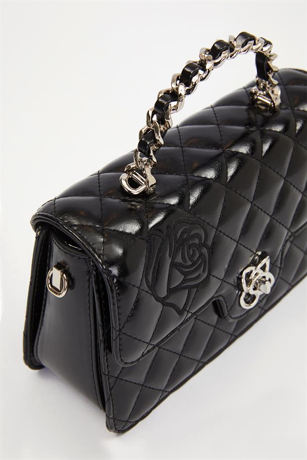 Siyah Gül Baskılı El Çantası