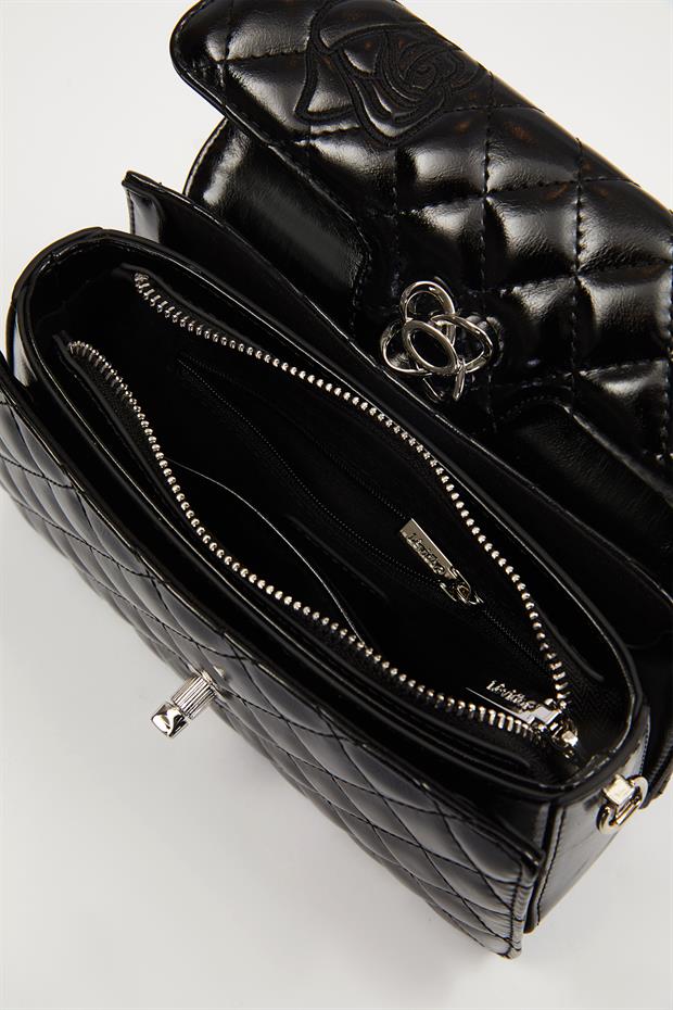 Siyah Gül Baskılı El Çantası