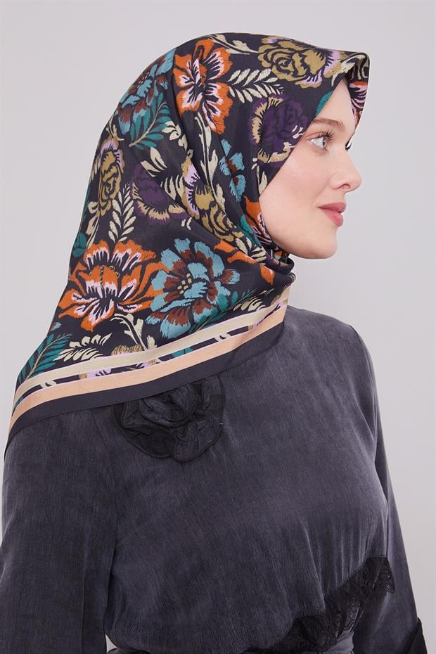 Siyah Gül Desen Aura Eşarp