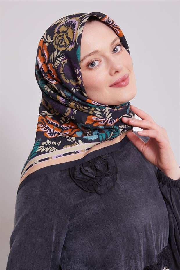 Siyah Gül Desen Aura Eşarp