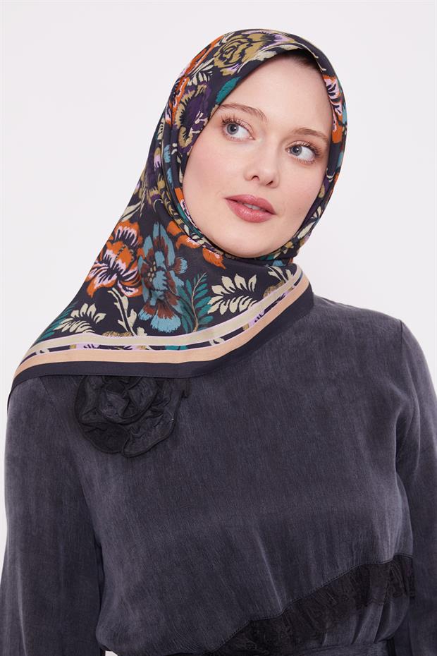 Siyah Gül Desen Aura Eşarp