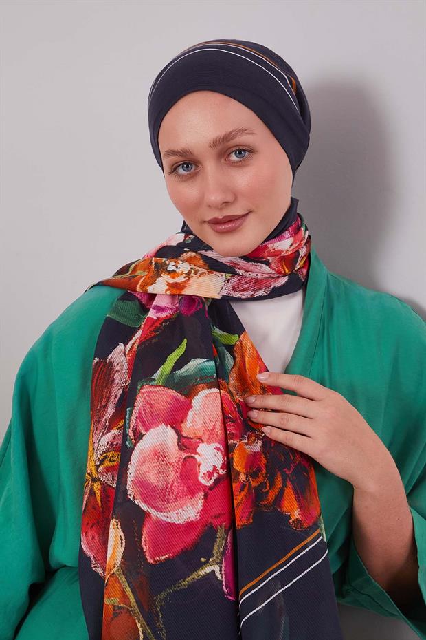 Siyah Gül Desen Pamuk Şal