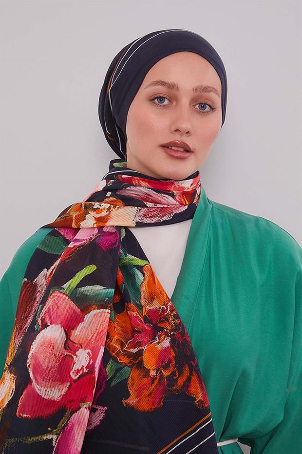 Siyah Gül Desen Pamuk Şal