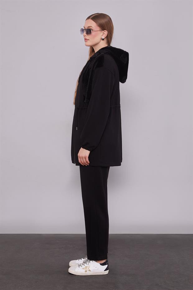 Siyah Gül Detaylı Bel Büzgülü İkili Takım