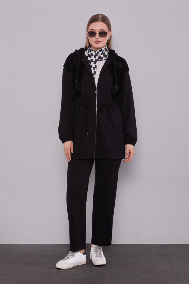 Siyah Gül Detaylı Bel Büzgülü İkili Takım