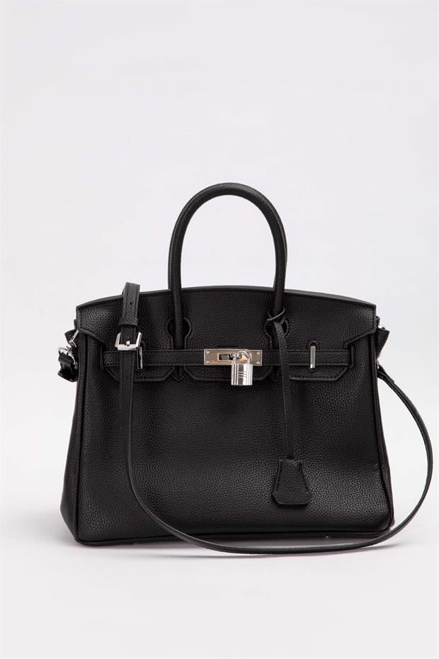 Siyah Gümüş Kilit Aksesuar Detaylı El Çantası
