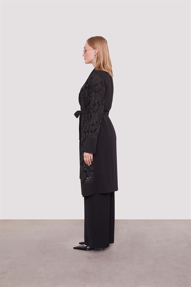 Siyah Güpür Kol Yaka Detaylı Ceket Takım