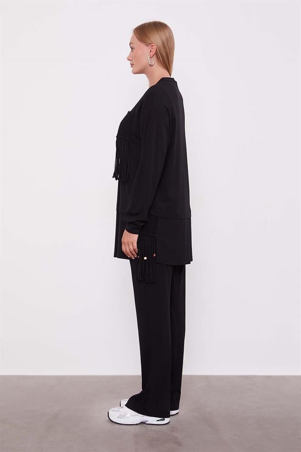 Siyah Hasır Püskül Detaylı İkili Takım